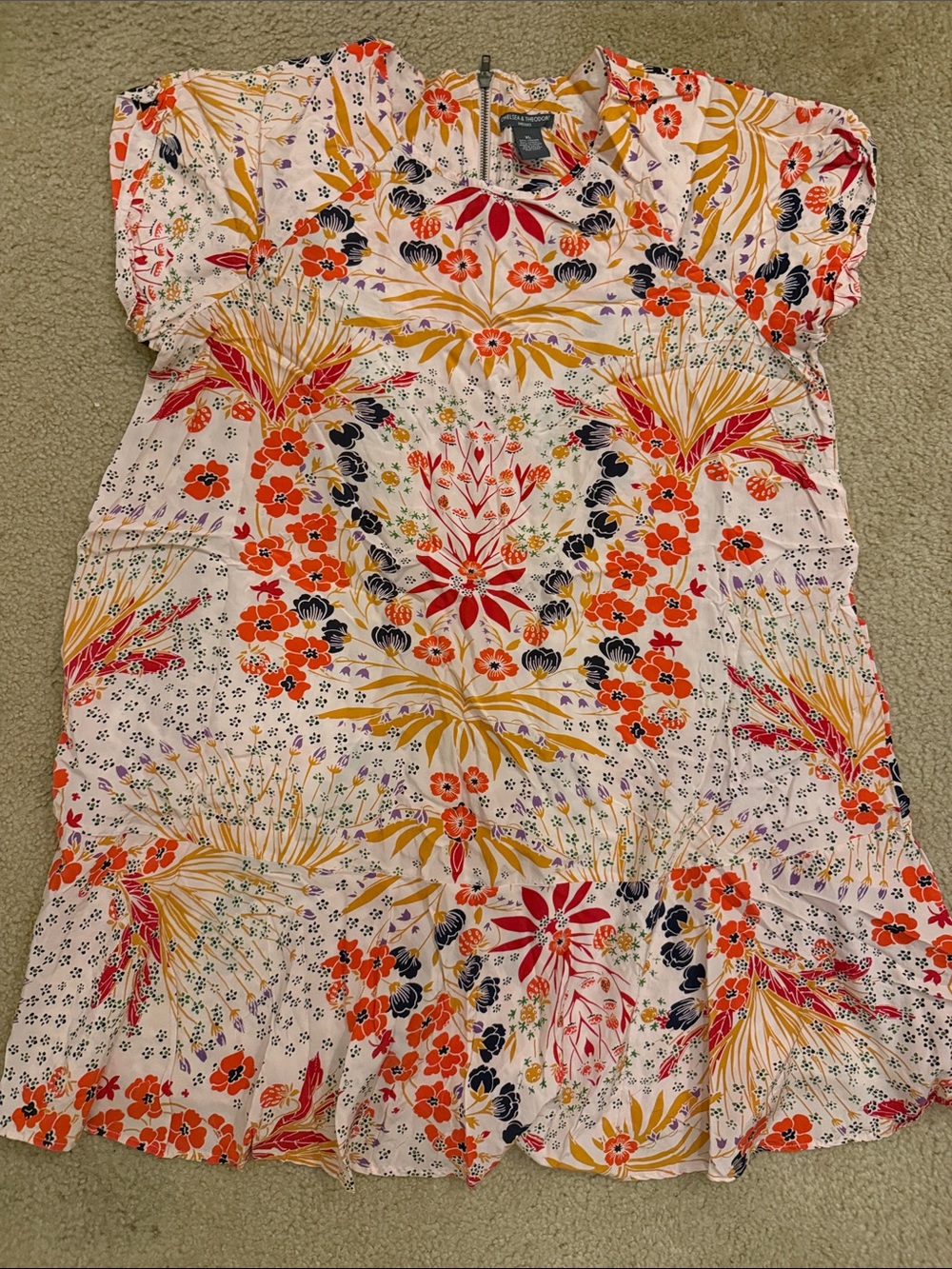 Chelsea & Theodore White Floral Mini Dress with Orange and Yellow Accents